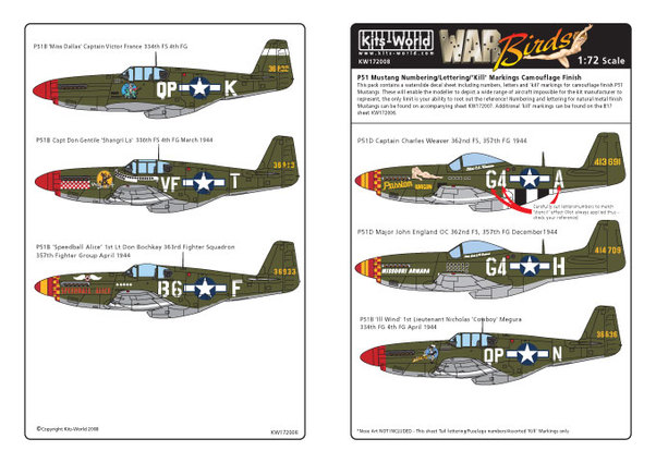 P51 Mustang General markings A/C ID numbers and lettering (Camo Finish) KW172008