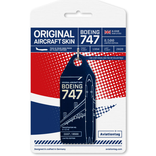 Keychain made of real aircraft skin: Boeing 747-400 G-CIVE British Airways (blue) G-CIVE-BLUE