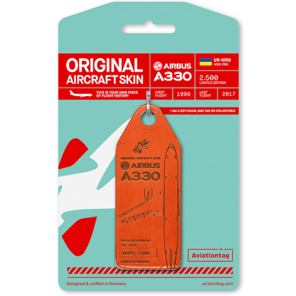 Keychain made of real aircraft skin: Airbus A330 Windrose UR-WRQ (orange)