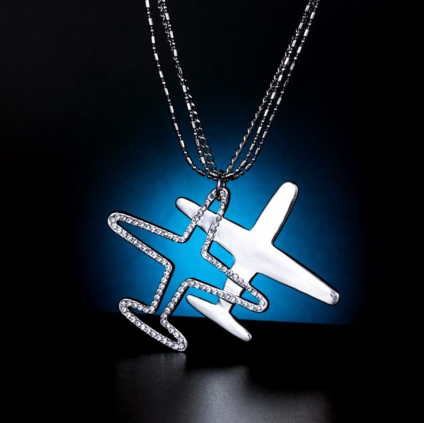 Necklace & pendant silver plated, rhinestone airplane NECK-157