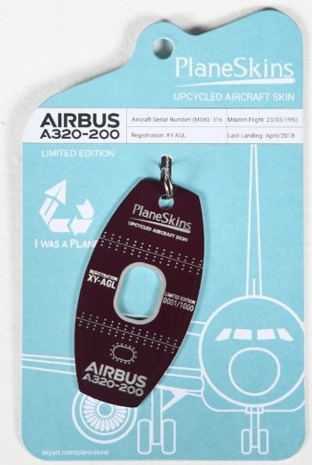 Keychain made of real aircraft skin: Airbus A320-200 XY-AGL with window Burgundy PS-A320-KT-0002BGD