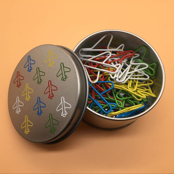 Plane Clips - box with aircraft-shaped paperclips (Red, White, Blue, Green, Yellow) PAPER CLIPS