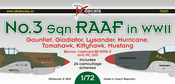 No3sq RAAF in WWII, Gauntlet, Gladiator, Lysander, Hurricane, Tomahawk, Kittyhawk and Mustang (24 camo schemes) DK72071