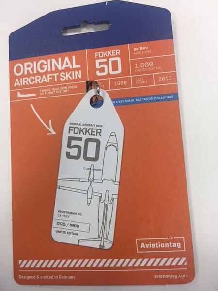 Keychain made of real aircraft skin: Fokker 50 SAS Scandinavian, Minoan Airlines SX-BRV 4260411670803