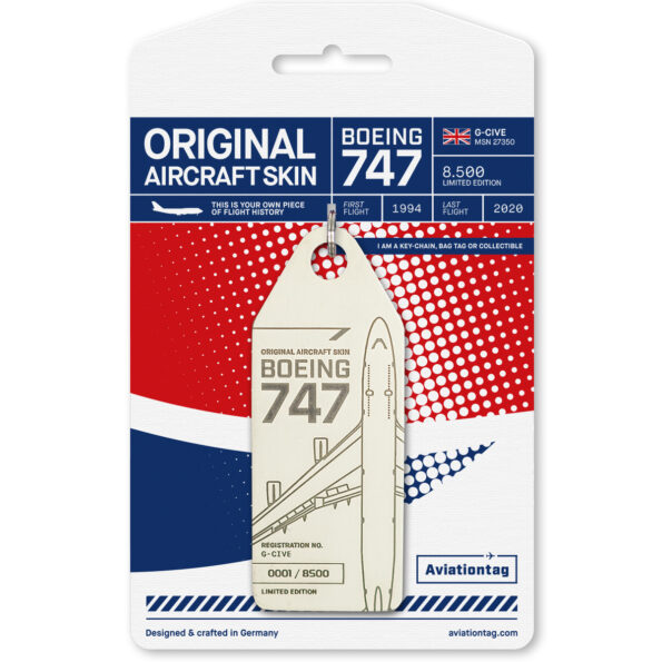 Keychain made of real aircraft skin: Boeing 747-400 G-CIVE British Airways (white) G-CIVE WHITE