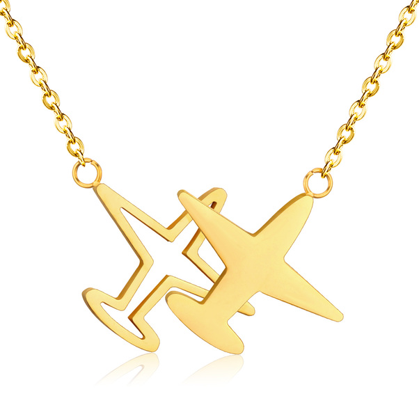 Stainless Steel Gold Color Double Horizontal Airplane Pendants Necklaces NECK GOLD HOR