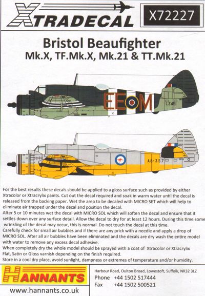 Xtra Decals 1//72 BRISTOL BEAUFIGHTER Mk.X TF.Mk.X Mk.21 /& TT.Mk.21