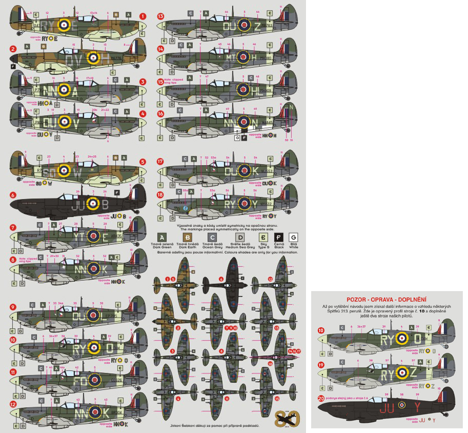 Spitfires Of The Czechoslovak Pilots In The RAF 18 Camo Schemes 
