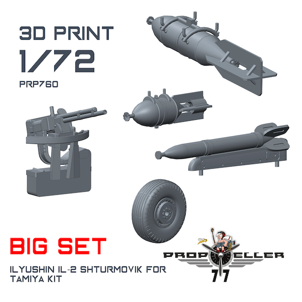 Ilyushin IL2M Sturmovik Big Set with Wheels, Bombs, Rockets en UBT machine gun (Tamiya) prp760
