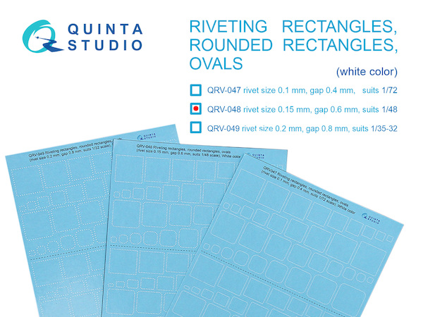 Riveting rectangles, rounded rectangles, ovals white color (rivet size 0.15mm, gap 0.6mm, suits 1/48) QRV-048