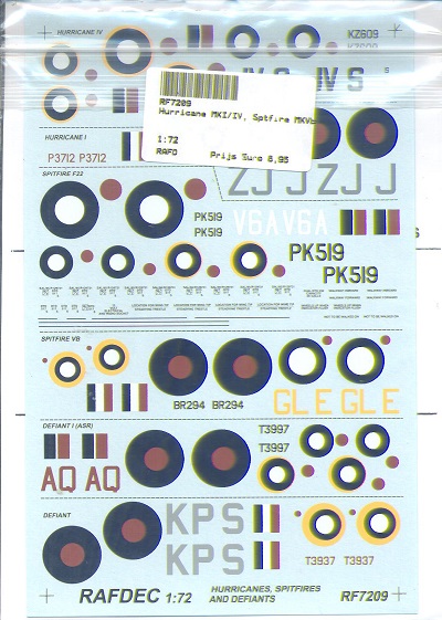 Hurricane MKI/IV, Sptfire MKVb/ F22, Defiant  RF7209