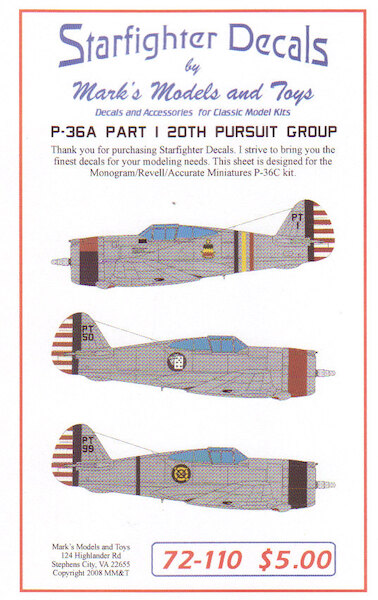 Curtiss P36A Hawk part 1; 20th Pursuit group 72-110