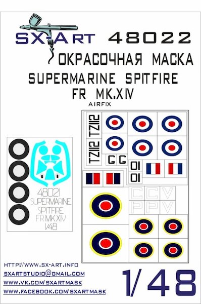 Painting mask Supermarine Spitfire FR MKXIV Wheels, Canopy Camera ports and markings (Airfix)  SXA48022