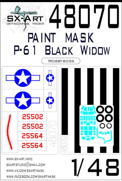 Painting mask Canopy, cabin, wheels and markings  Northrop P61 Black Widow  MAX (Hobby boss)  SXA48070