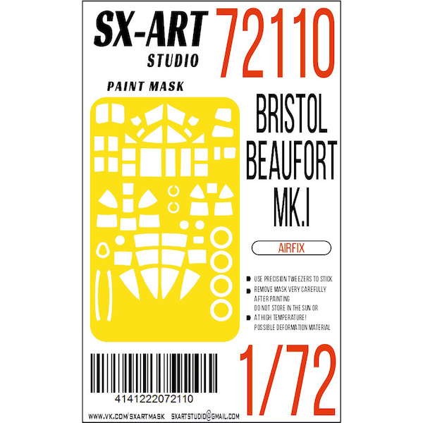 Painting mask Bristol Beaufort MKI cabin windows, turrets and wheels (Airfix) SXA72110