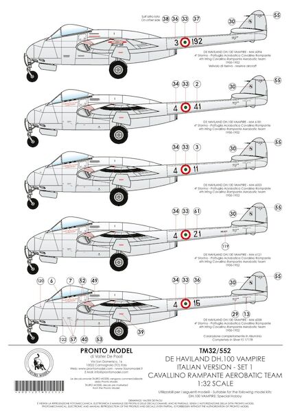 De Havilland DH100 Vampire Italian Version Set 1 Cavallino Rampante Aerobatic Team 32-552