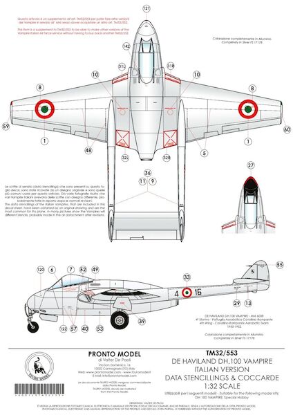 De Havilland DH100 Vampire Italian Version Data Stencillings and Coccarde 32-553