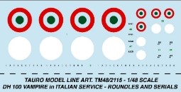 De Havilland DH100 Vampire Italian version Cocardes and serials TM48-2115