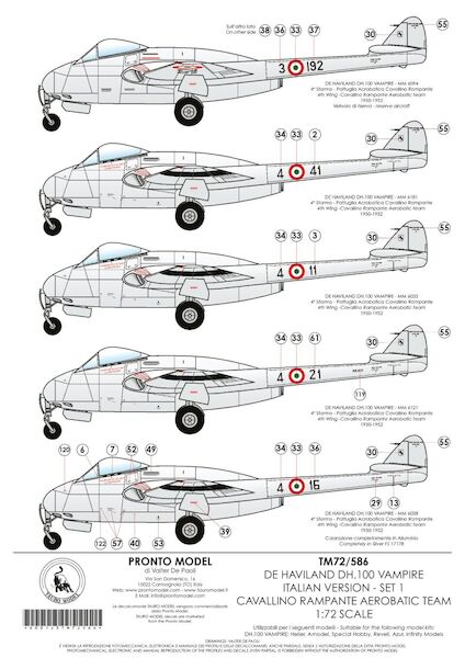 De Havilland DH100 Vampire in Italian Service Set 1: Cavalina Rampante Aerobatic Team TM72-586