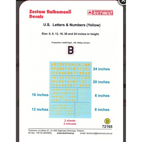 US 45 degree Letters and Numbers (Yellow) 72165