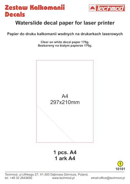 Waterslide decal paper for laser printer, Clear on white (1 sheet) TE10101