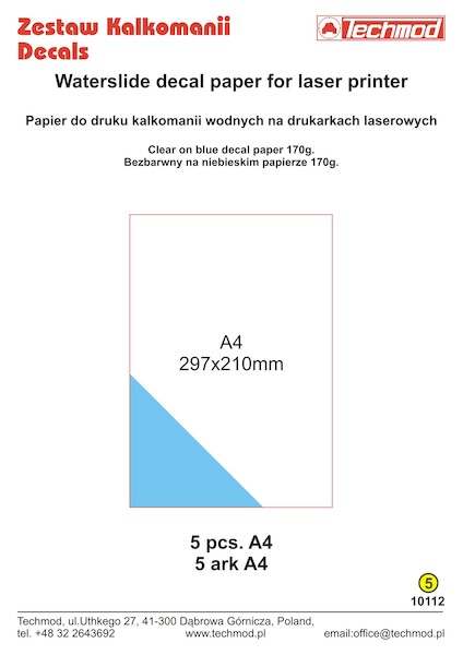Waterslide decal paper for laser printer, Clear on Blue (5 sheets) TE10112
