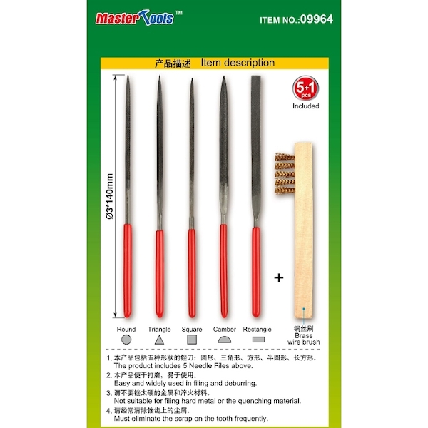 Assorted Needle File set (medium grit) with brass wire brush  09964