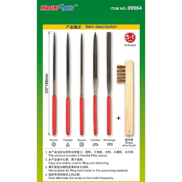 Assorted Needle File set (medium grit) with brass wire brush 09964