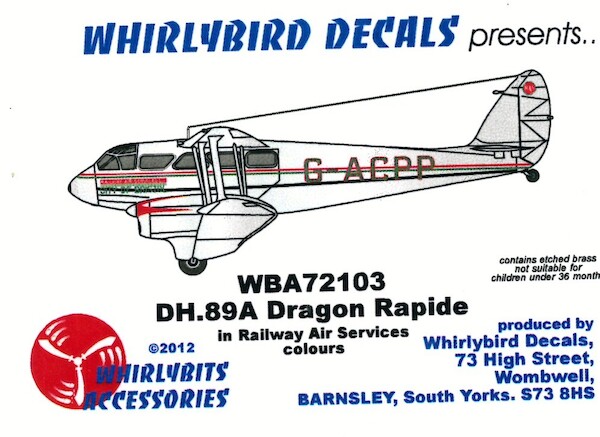 DH89a Dragon Rapide Detail set with decals for Railway Air services (Airfix / Heller)  WBA72103